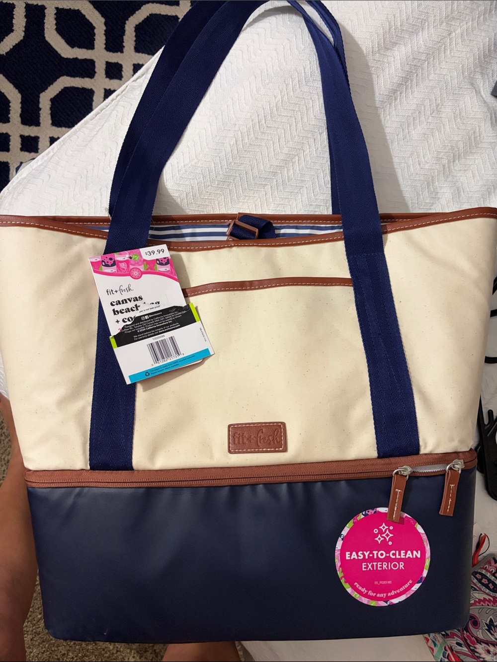 Fit & Fresh Canvas Tote Bag in Navy and Cream